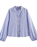 Damen-Bluse mit Rüschendetails und elastischen Ärmelbündchen in Hellblau