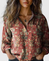 Frieda | Damen Boho Bluse Langarm geknöpft mit Blumenmuster in Rot