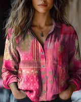 Frieda | Damen Boho Bluse Langarm geknöpft mit Blumenmuster in Rosa