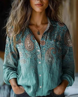Frieda | Damen Boho Bluse Langarm geknöpft mit Blumenmuster in Ozeanblau
