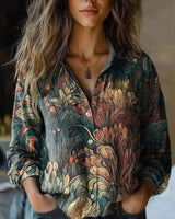 Frieda | Damen Boho Bluse Langarm geknöpft mit Blumenmuster in Dunkelgrün