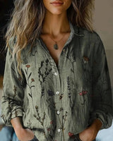 Frieda | Damen Boho Bluse Langarm geknöpft mit Blumenmuster in Olivgrün