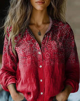 Frieda | Damen Boho Bluse Langarm geknöpft mit Blumenmuster in Tiefrot