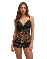 Damen-Cami-Shorts-Set mit Leopardenmuster und Spitze in Braun / Schwarz