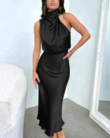Emilia | Damen Cocktailkleid Satin Midi Halterneck Abendkleid elegant in Schwarz