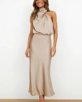 Emilia | Damen Cocktailkleid Satin Midi Halterneck Abendkleid elegant in Beige