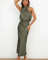 Emilia | Damen Cocktailkleid Satin Midi Halterneck Abendkleid elegant in Grün