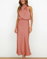 Emilia | Damen Cocktailkleid Satin Midi Halterneck Abendkleid elegant in Rosa