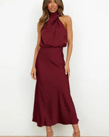 Emilia | Damen Cocktailkleid Satin Midi Halterneck Abendkleid elegant in Rot
