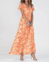 Amelie | Damen Cocktailparty-Kleid Blumen Maxi V-Ausschnitt Rüschen in Orange
