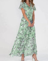 Amelie | Damen Cocktailparty-Kleid Blumen Maxi V-Ausschnitt Rüschen in Grün
