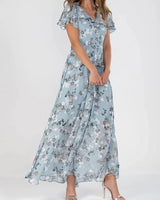 Amelie | Damen Cocktailparty-Kleid Blumen Maxi V-Ausschnitt Rüschen in Blau