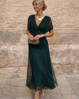 Charlotte | Damen Cocktailparty-Kleid elegantes Chiffon-Maxikleid V-Ausschnitt in Flaschengrün