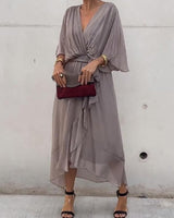 Frieda | Damen Cocktailparty-Kleid Elegantes Chiffon Midi V-Ausschnitt Bindegürtel in Grau