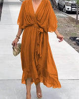 Frieda | Damen Cocktailparty-Kleid Elegantes Chiffon Midi V-Ausschnitt Bindegürtel in Orange