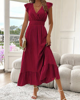 Charlotte | Damen Cocktailparty Kleid Elegantes Maxi V-Ausschnitt Rüschen A-Linie in Ziegelrot
