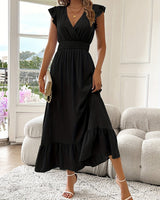 Charlotte | Damen Cocktailparty Kleid Elegantes Maxi V-Ausschnitt Rüschen A-Linie in Schwarz