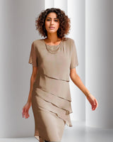 Charlotte | Damen Cocktailparty-Kleid geschichtetes Chiffon Kurzarm Abendkleid in Khaki