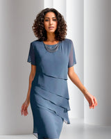 Charlotte | Damen Cocktailparty-Kleid geschichtetes Chiffon Kurzarm Abendkleid in Blau