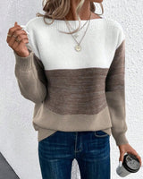 Elisabeth | Damen Colorblock Knit Sweater Rundhals Relaxed Fit Strickpullover in Braun