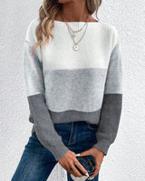 Elisabeth | Damen Colorblock Knit Sweater Rundhals Relaxed Fit Strickpullover in Grau