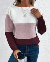 Elisabeth | Damen Colorblock Knit Sweater Rundhals Relaxed Fit Strickpullover in Burgunder