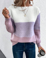 Elisabeth | Damen Colorblock Knit Sweater Rundhals Relaxed Fit Strickpullover in Lila