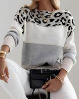 Mia | Damen Colorblock Strickpullover mit Farbblock und Leopardenmuster Rundhals in Grau
