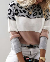 Mia | Damen Colorblock Strickpullover mit Farbblock und Leopardenmuster Rundhals in Rosa
