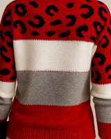 Mia | Damen Colorblock Strickpullover mit Farbblock und Leopardenmuster Rundhals in Rot