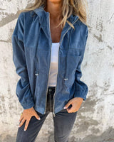 Johanna | Damen Cord Kapuzenjacke mit Reißverschluss Oversized Freizeitjacke in Blau
