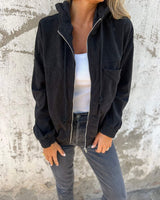 Johanna | Damen Cord Kapuzenjacke mit Reißverschluss Oversized Freizeitjacke in Schwarz
