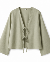 Damen Crop-Top mit langen Ärmeln und Bindevorderseite in Grün