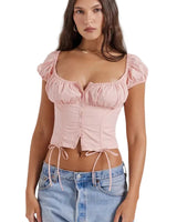 Damen-Crop-Top mit Puffärmeln, Knopfleiste und Bindebändern in Rosa