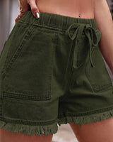 Damen Denim-Shorts mit elastischem Bund, Kordelzug und ausgefranstem Saum in Armeegrün