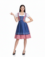 Damen Dirndlkleid Set mit Schürze und Bluse in Karo blau