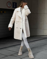 Damen Doppelreihiger Mantel mit Reverskragen und Plüschbesatz in Beige