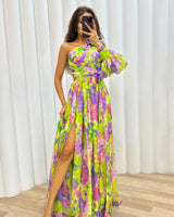 Damen Einschulter-Maxikleid mit Puffärmel und Seitenschlitz mit Blumenmuster in Gelb
