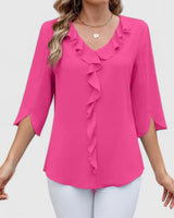 Clara | Damen elegante Rüschen-Bluse mit V-Ausschnitt 3/4-Arm in Rosa