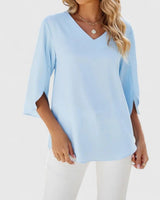 Clara | Damen elegante Rüschen-Bluse mit V-Ausschnitt 3/4-Arm in Klassisch Blau