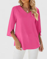 Clara | Damen elegante Rüschen-Bluse mit V-Ausschnitt 3/4-Arm in Klassisch Rosa