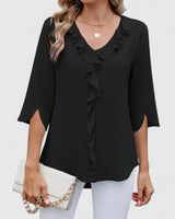 Clara | Damen elegante Rüschen-Bluse mit V-Ausschnitt 3/4-Arm in Schwarz