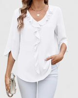 Clara | Damen elegante Rüschen-Bluse mit V-Ausschnitt 3/4-Arm in Weiß