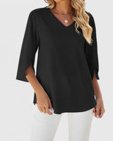 Clara | Damen elegante Rüschen-Bluse mit V-Ausschnitt 3/4-Arm in Klassisch Schwarz