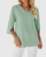 Clara | Damen elegante Rüschen-Bluse mit V-Ausschnitt 3/4-Arm in Klassisch Grün