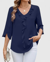 Clara | Damen elegante Rüschen-Bluse mit V-Ausschnitt 3/4-Arm in Blau
