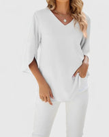 Clara | Damen elegante Rüschen-Bluse mit V-Ausschnitt 3/4-Arm in Klassisch Weiß