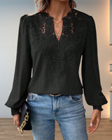 Katharina | Damen Elegante Spitzen-Bluse mit V-Ausschnitt und Gepunkteter Chiffon in Schwarz