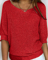 Katharina | Damen Eleganter Pullover Lockerer Strickpullover Rundhals 3/4-Arm in Rot