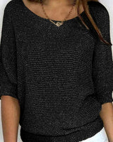 Katharina | Damen Eleganter Pullover Lockerer Strickpullover Rundhals 3/4-Arm in Schwarz